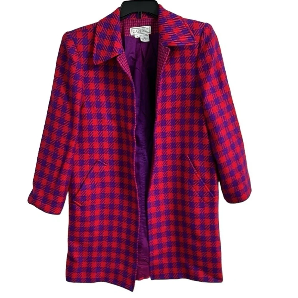 Carlisle Vintage Houndstooth Wool Plaid Long Coat Red Purple Size 6 - Picture 12 of 13